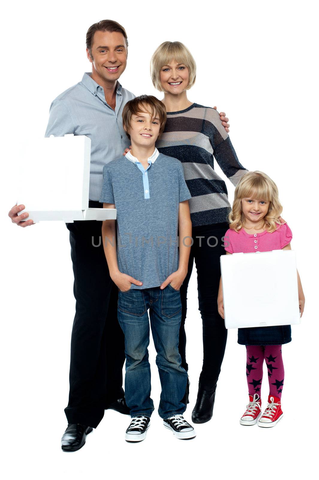 Casual portrait of a family of four. Father and daughter holding pizza boxes.