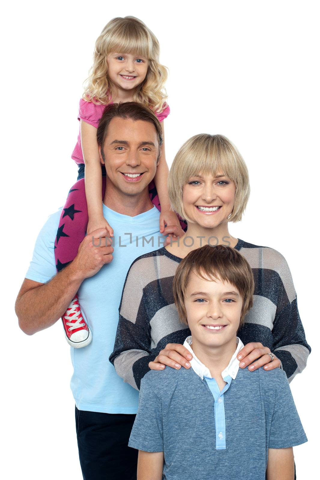 Portrait of happy family of four persons on white background, strong bonding.