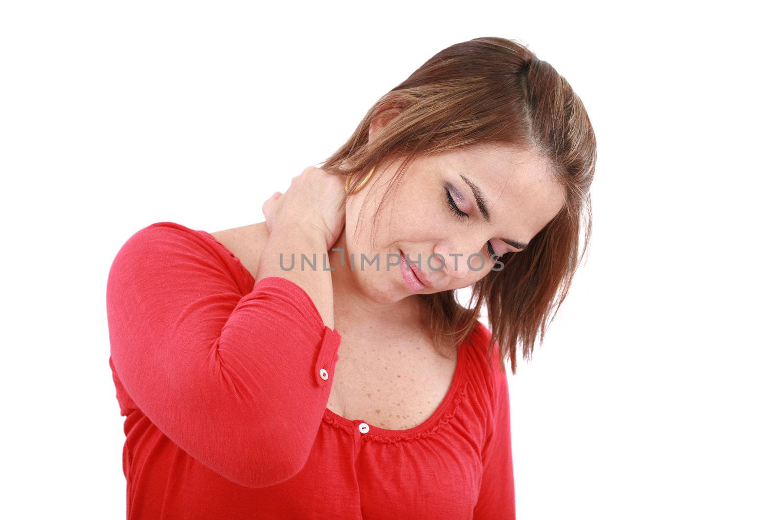 Sick young woman. neck pain