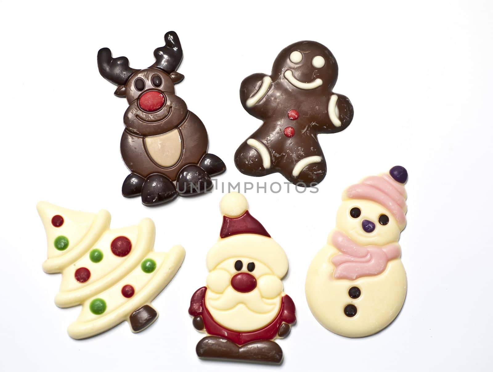 Five different Christmas figures made in chocolat
