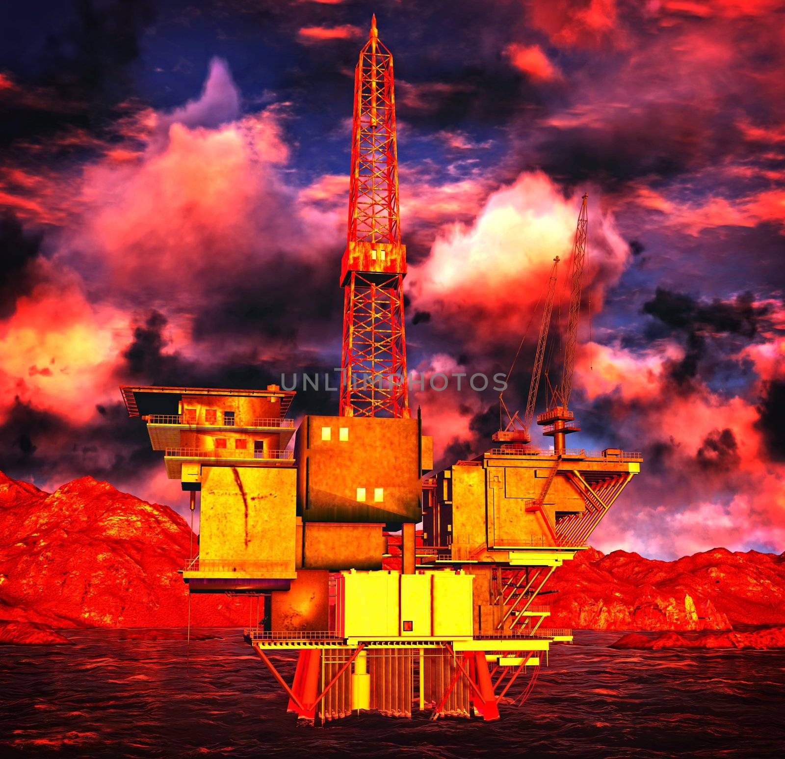 Oil rig platform with awesome sky