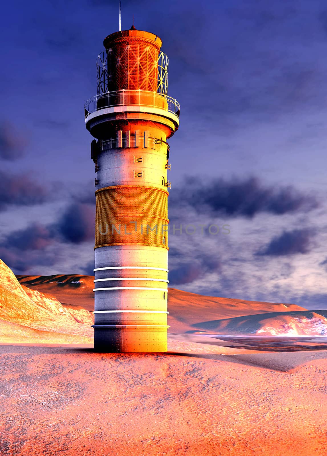 lighthouse by the ocean at sunset by andromeda13