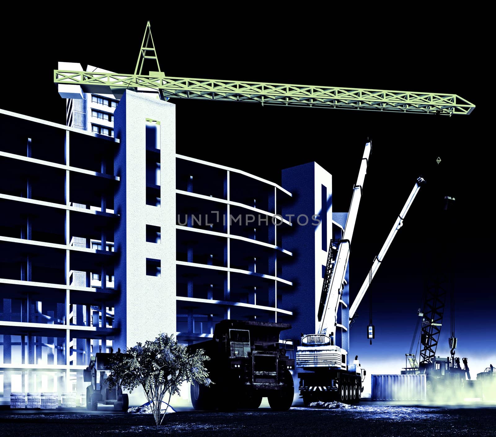 Construction site covered with dust at night