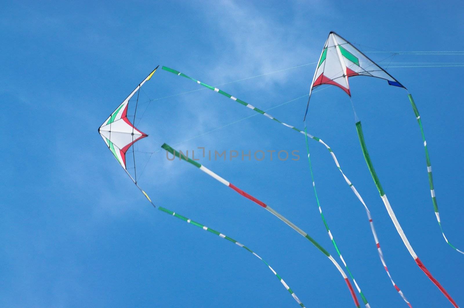 Two kites flying in the blue sky