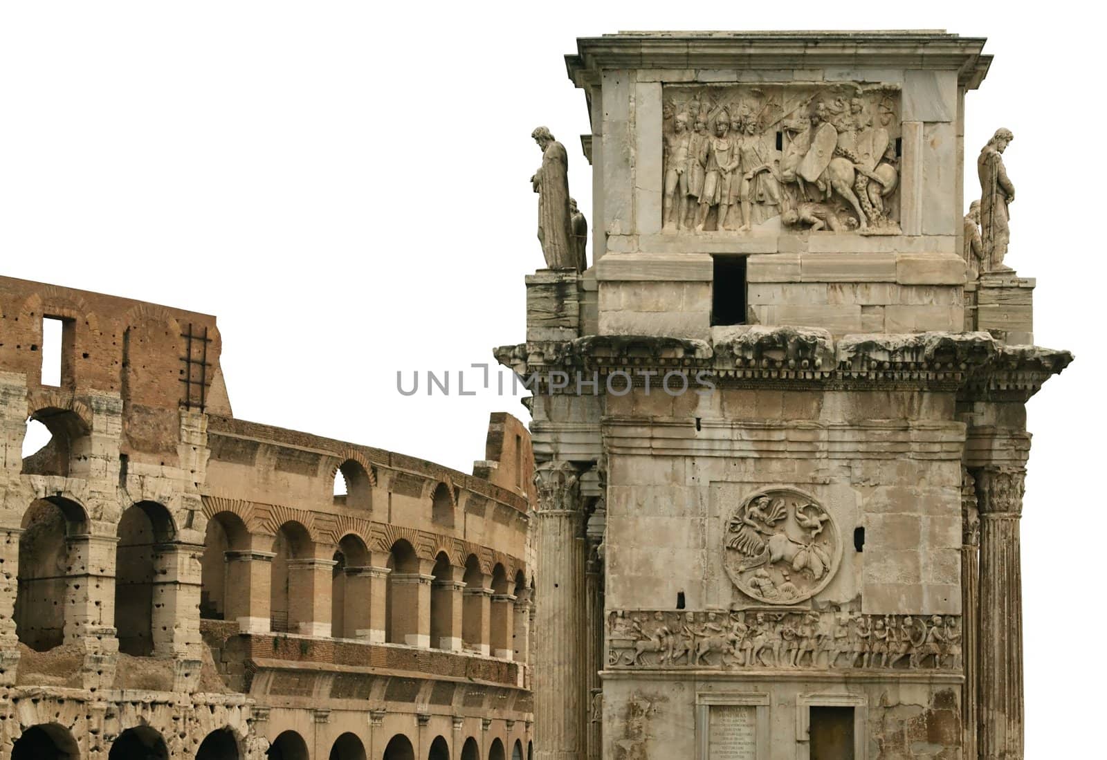 Rome. Fragment of the arch of Trajan and the Coliseum on a white background