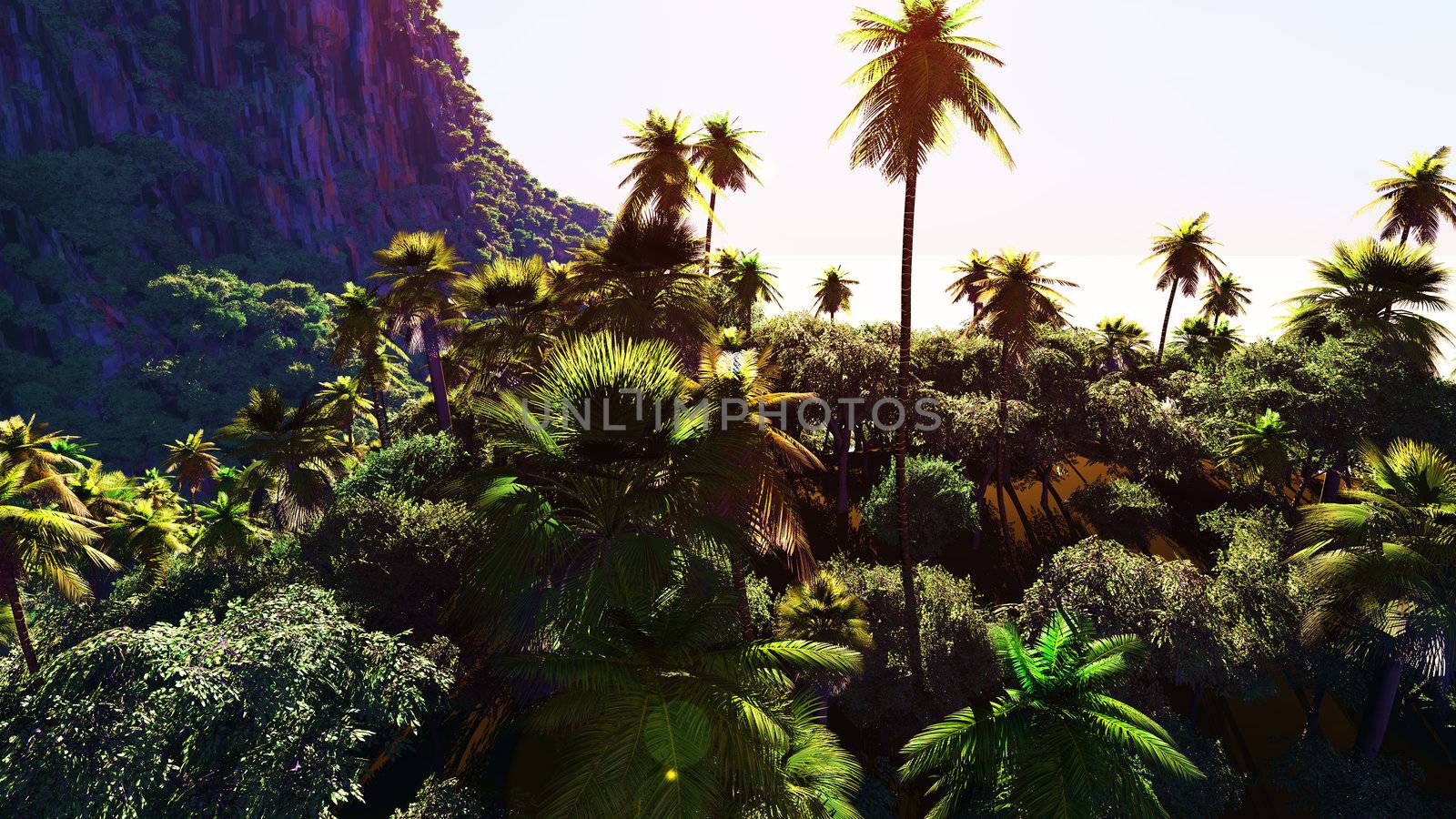 Tropical landscape with rocky mountains in background