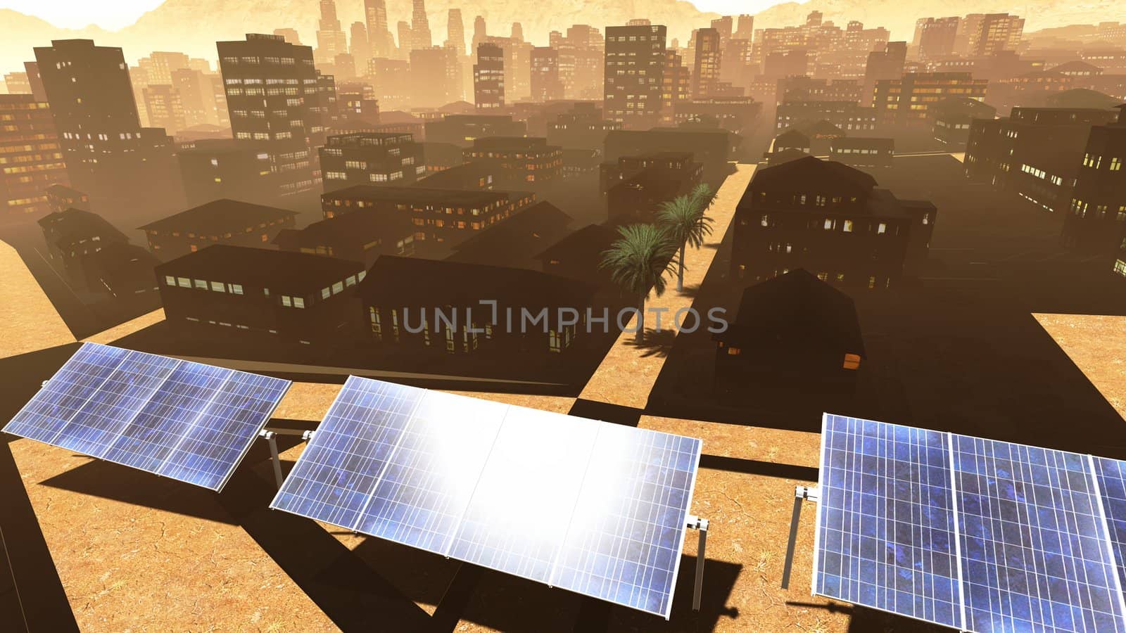 Solar power panels in city - panoramic view