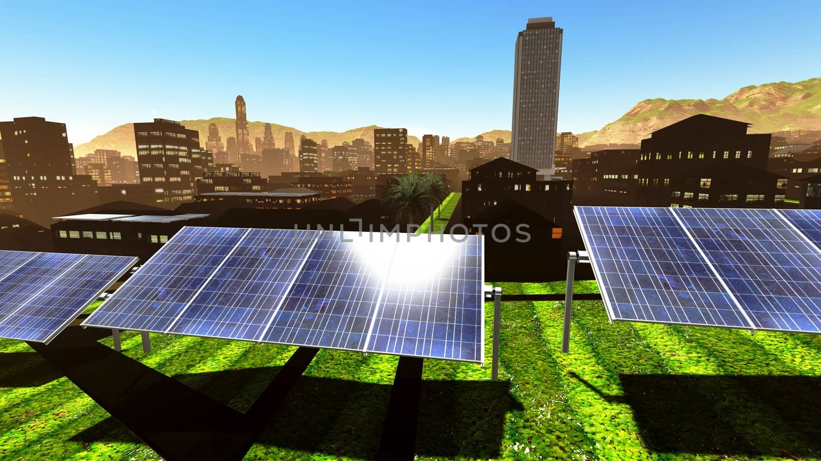 Solar power panels in city - panoramic view