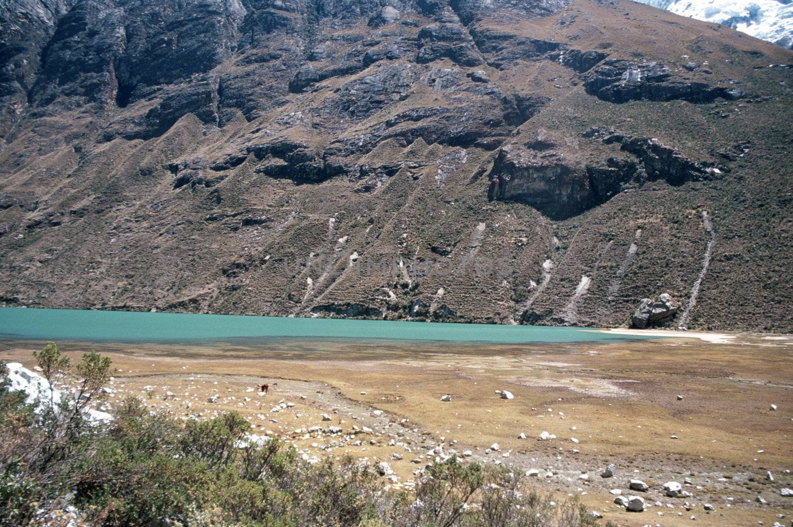 Beautiful blue lake deep within the Andes Mountains in Peru