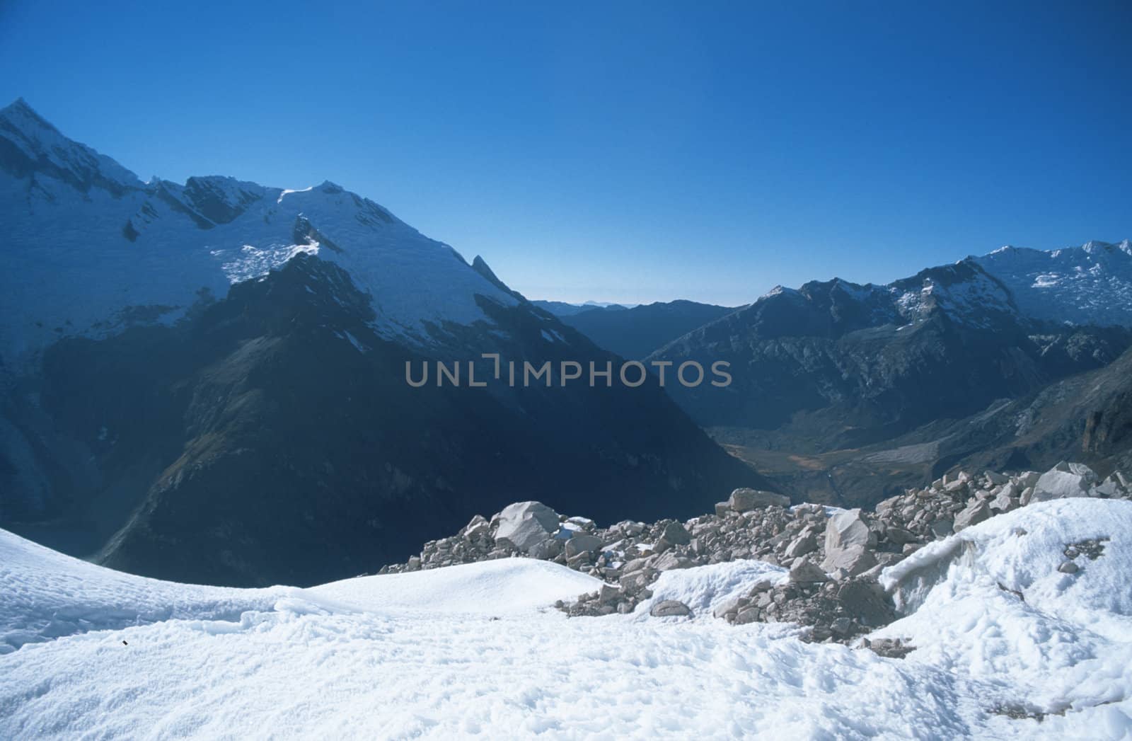 Landscape of beautiful snowy Andes Mountains in Peru