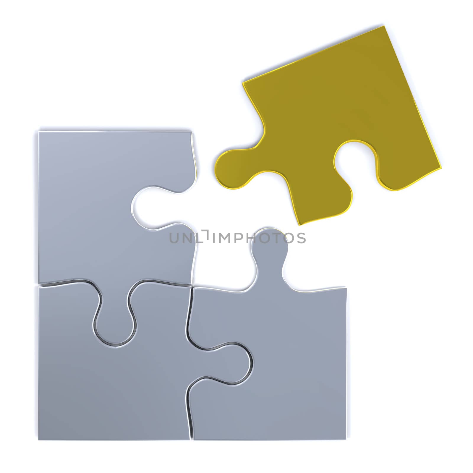 Illustration of silver jigsaw with one golden puzzle piece isolated on white background, concept of searching for solution