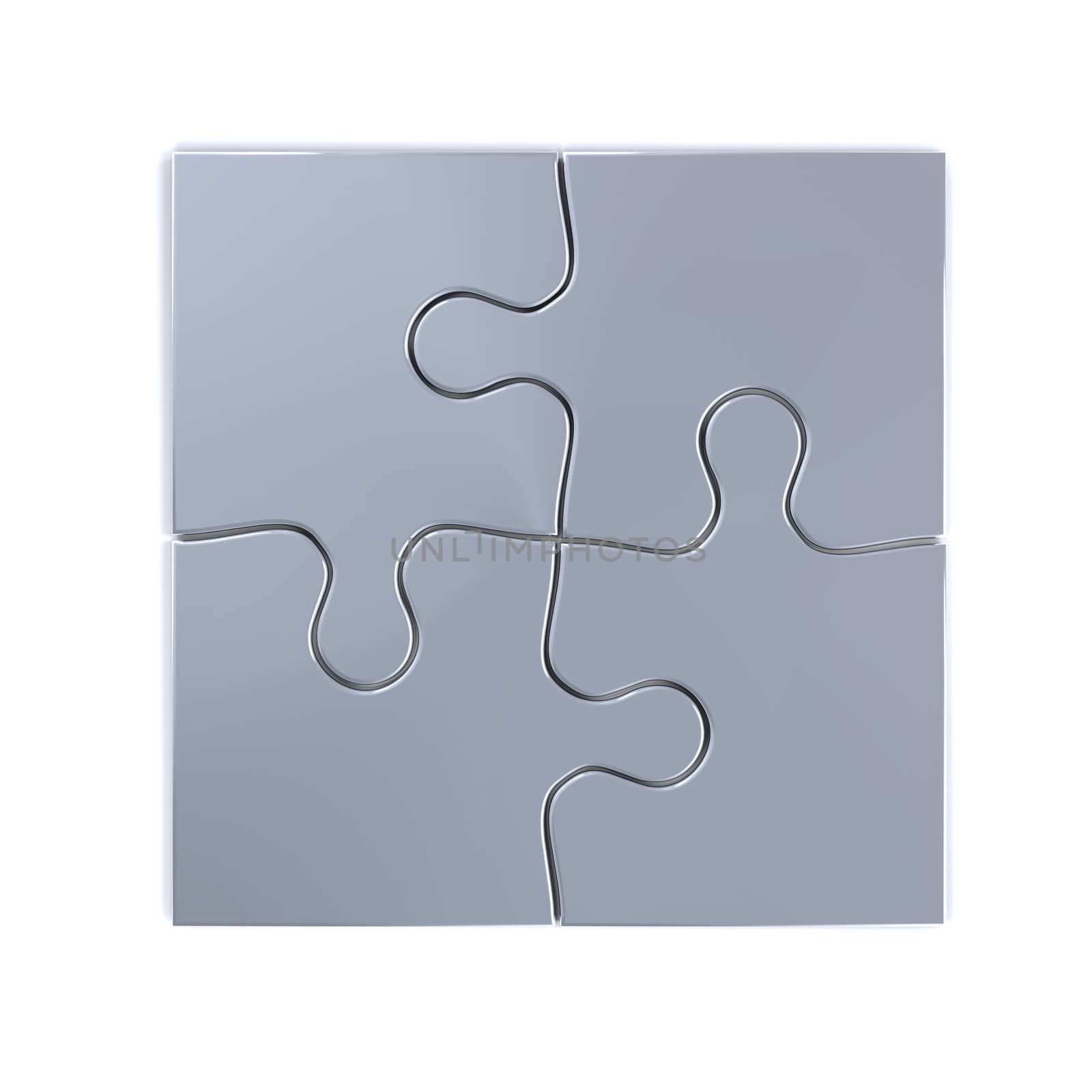 Illustration of silver puzzle pieces isolated on white background.