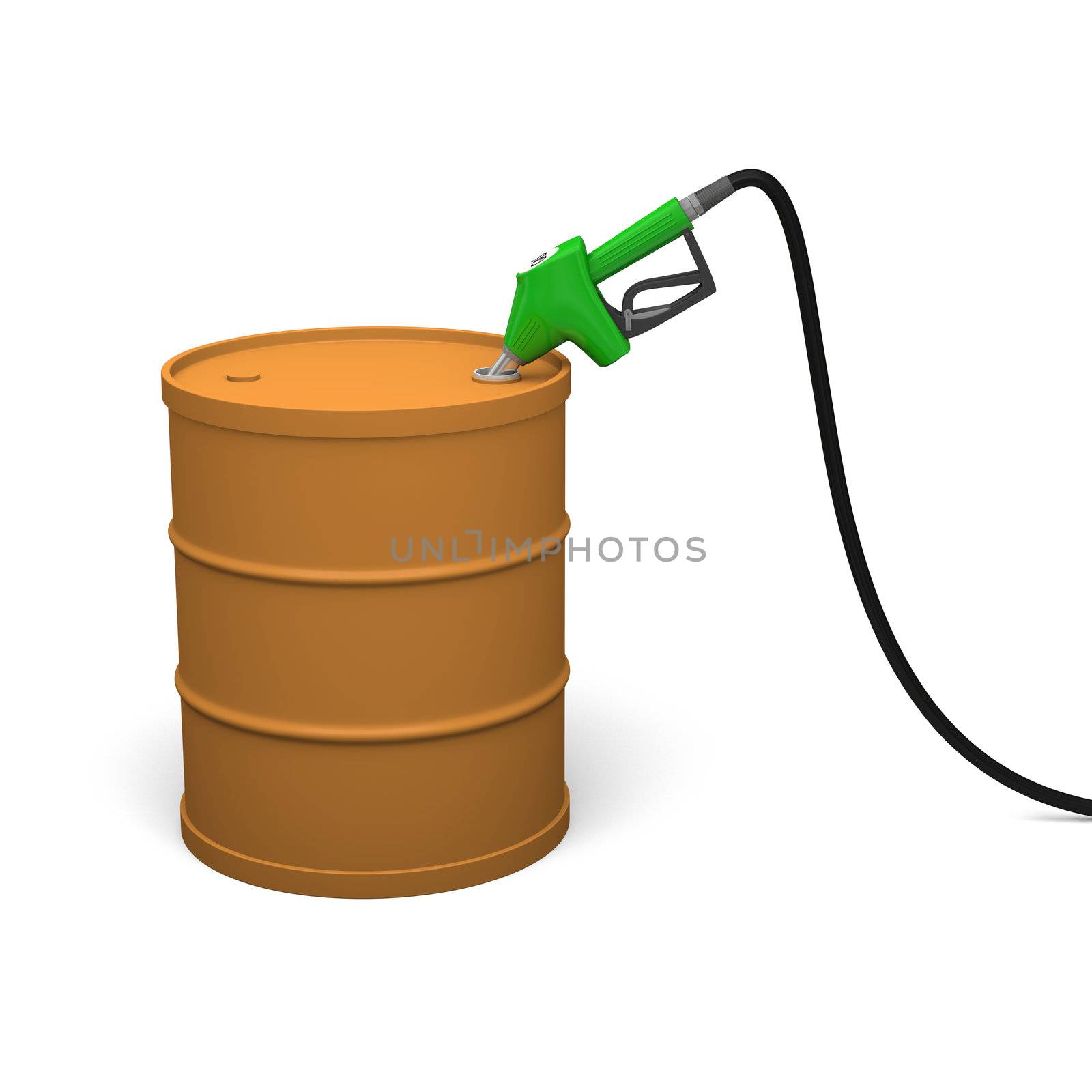 Fuel nozzle pumping fuel into petrol barrel, isolated on white background