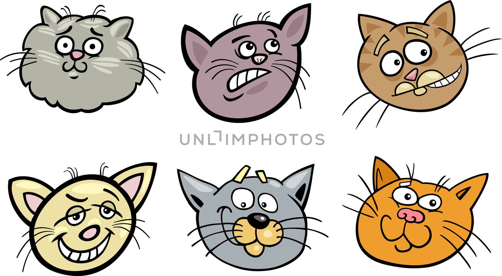 Cartoon Illustration of Different Happy Cats ot Kittens Heads Collection Set