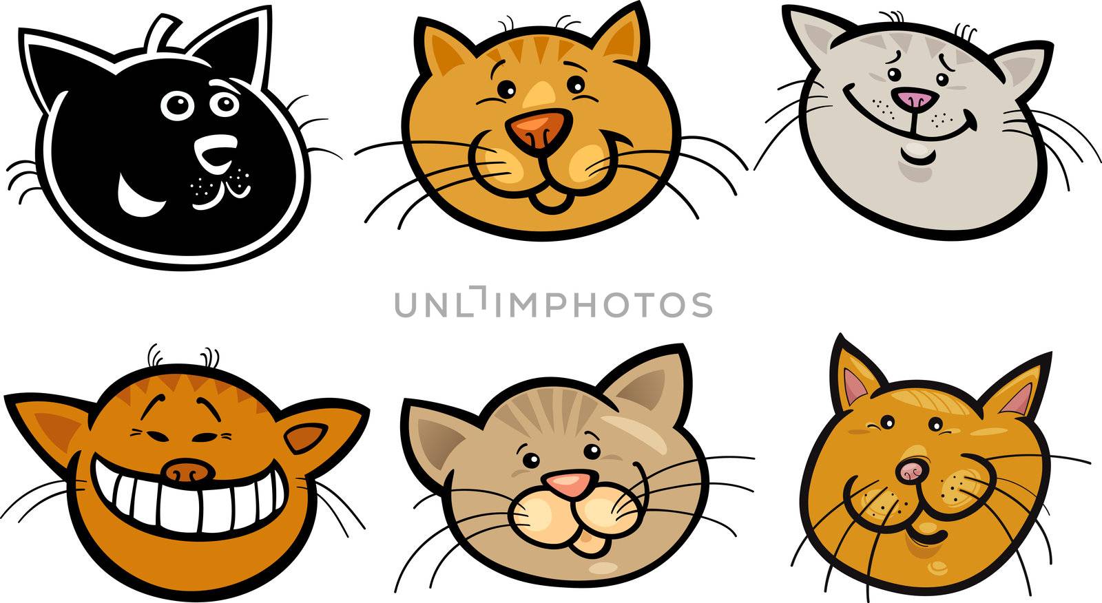 Cartoon Illustration of Different Happy Cats ot Kittens Heads Collection Set