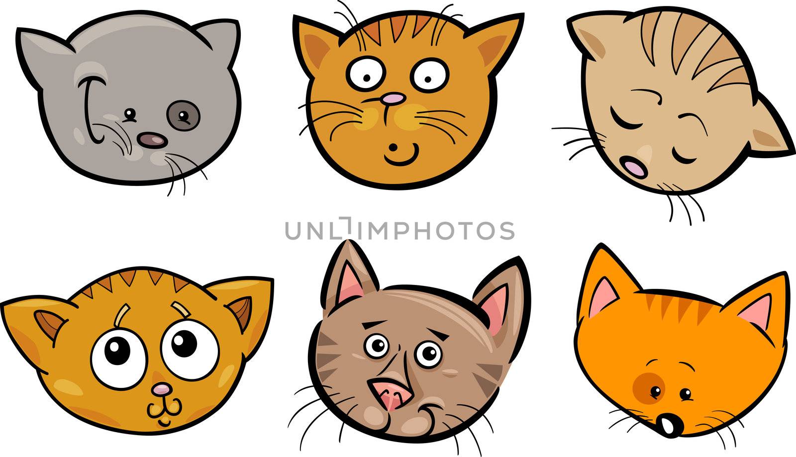 Cartoon Illustration of Different Happy Cats ot Kittens Heads Collection Set