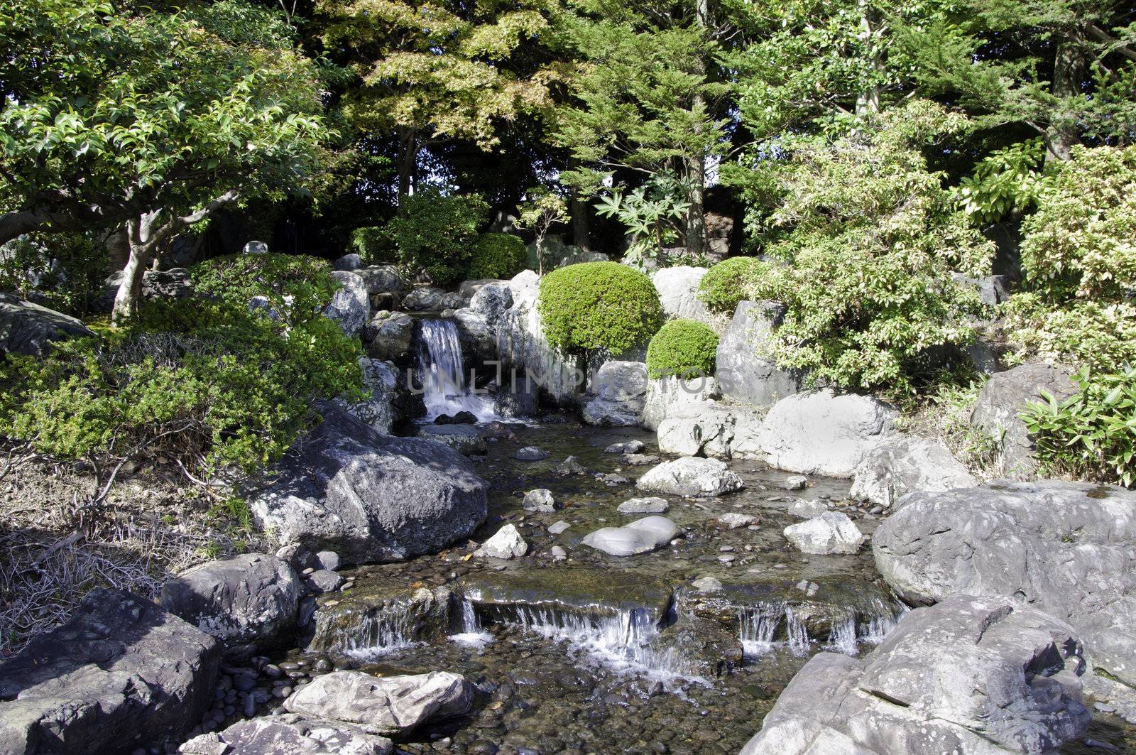 garden with pond in asian style by siraanamwong