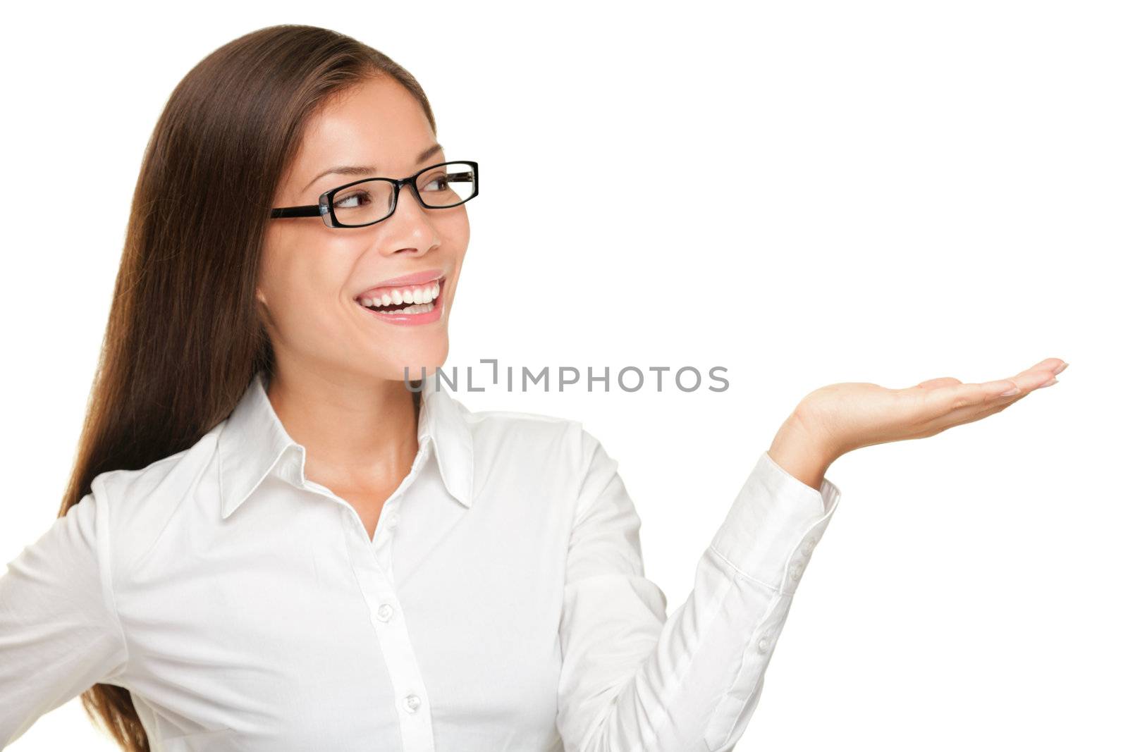 Eyewear woman wearing glasses showing copy space isolated on white background. Beautiful smiling happy mixed race Asian Caucasian female model looking away.
