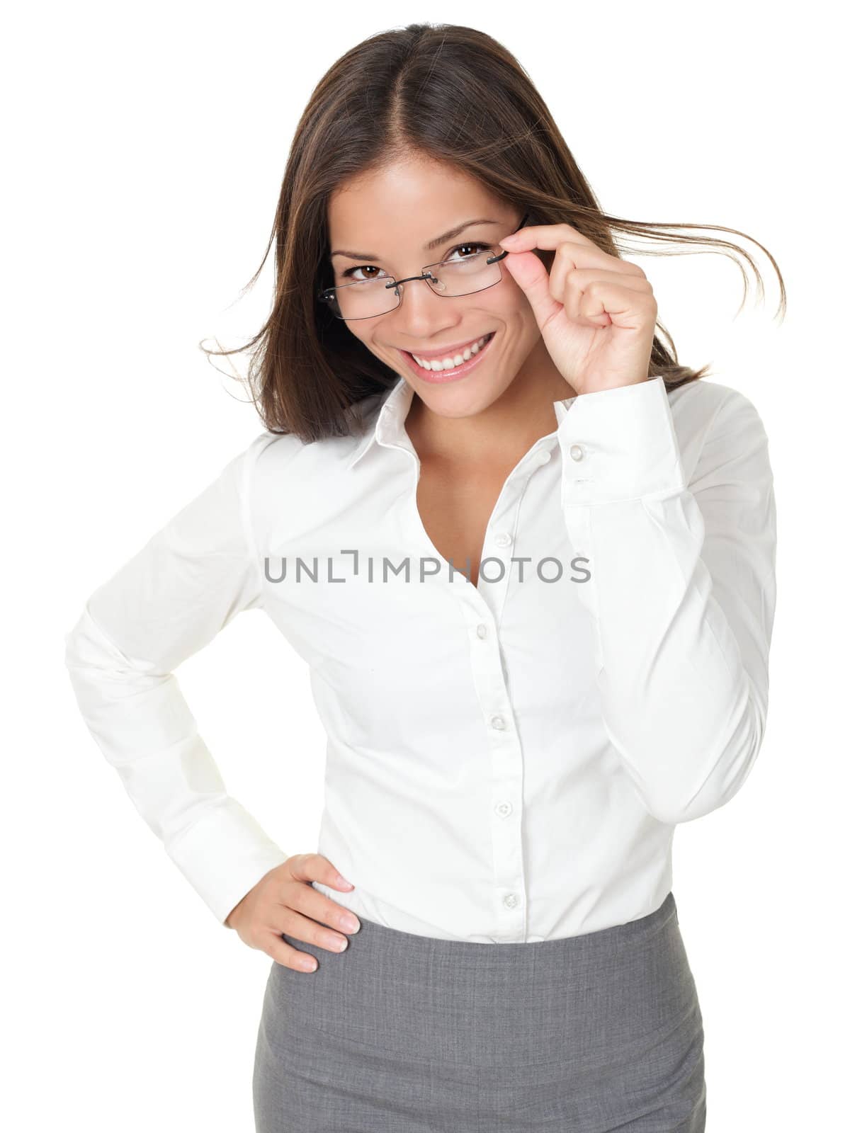 Portrait of young woman wearing glasses. Isolated on white background.