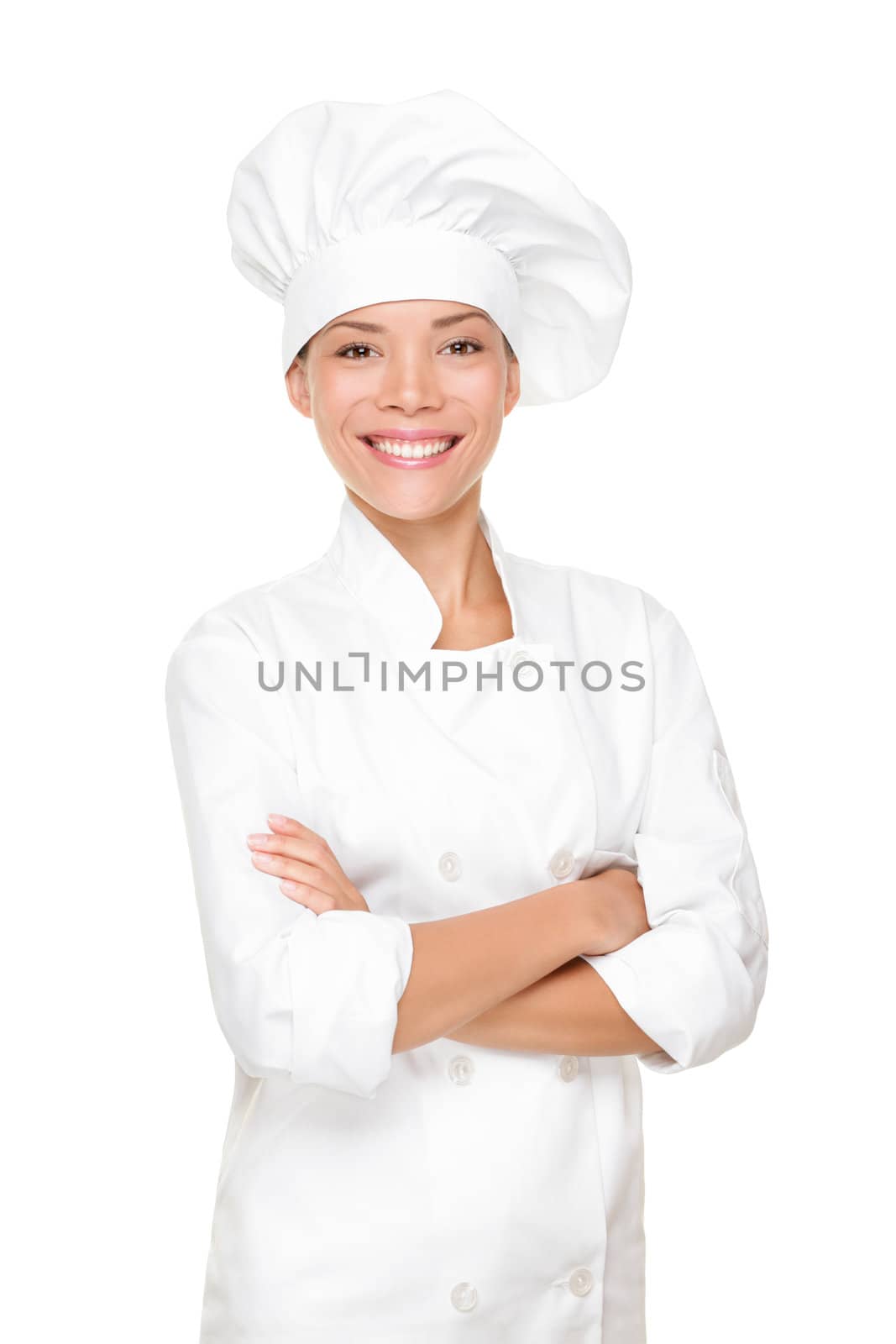 Chef, cook or baker woman. Happy proud portrait of female in chef uniform and chef hat isolated on white background. Asian Caucasian woman model.