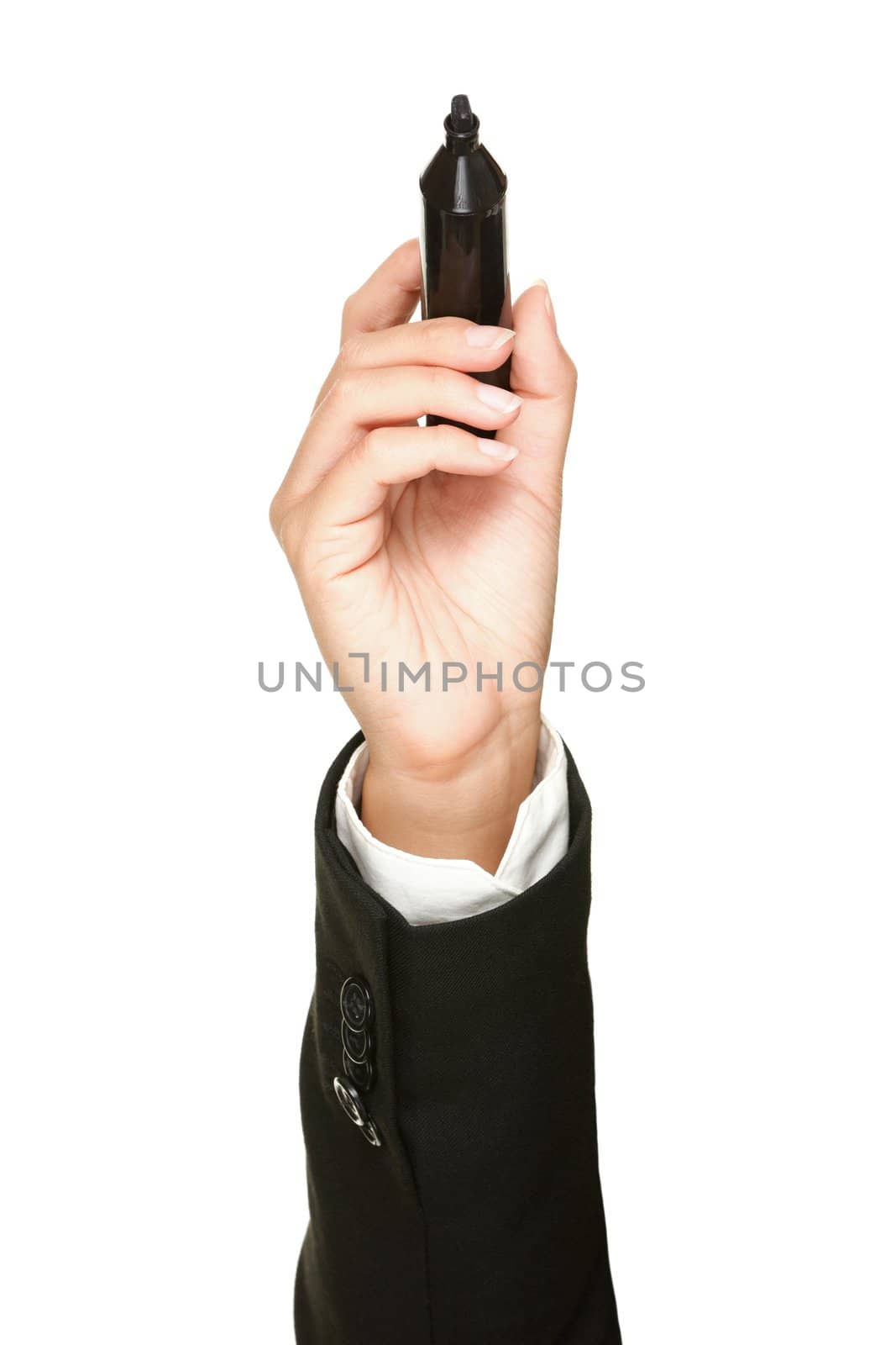 hand writing holding black marker pen isolated on white background. Female hand in business suit.