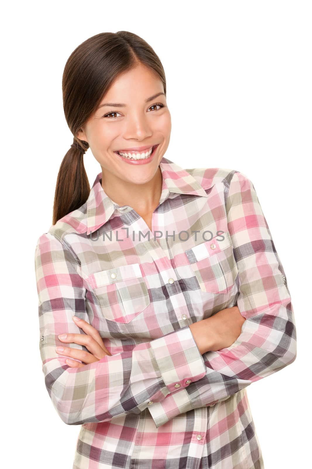 Smiling woman. Fresh outdoors type in cute lumberjack plaid shirt isolated on white background in studio. Happy beautiful mixed race Asian Caucasian female model.