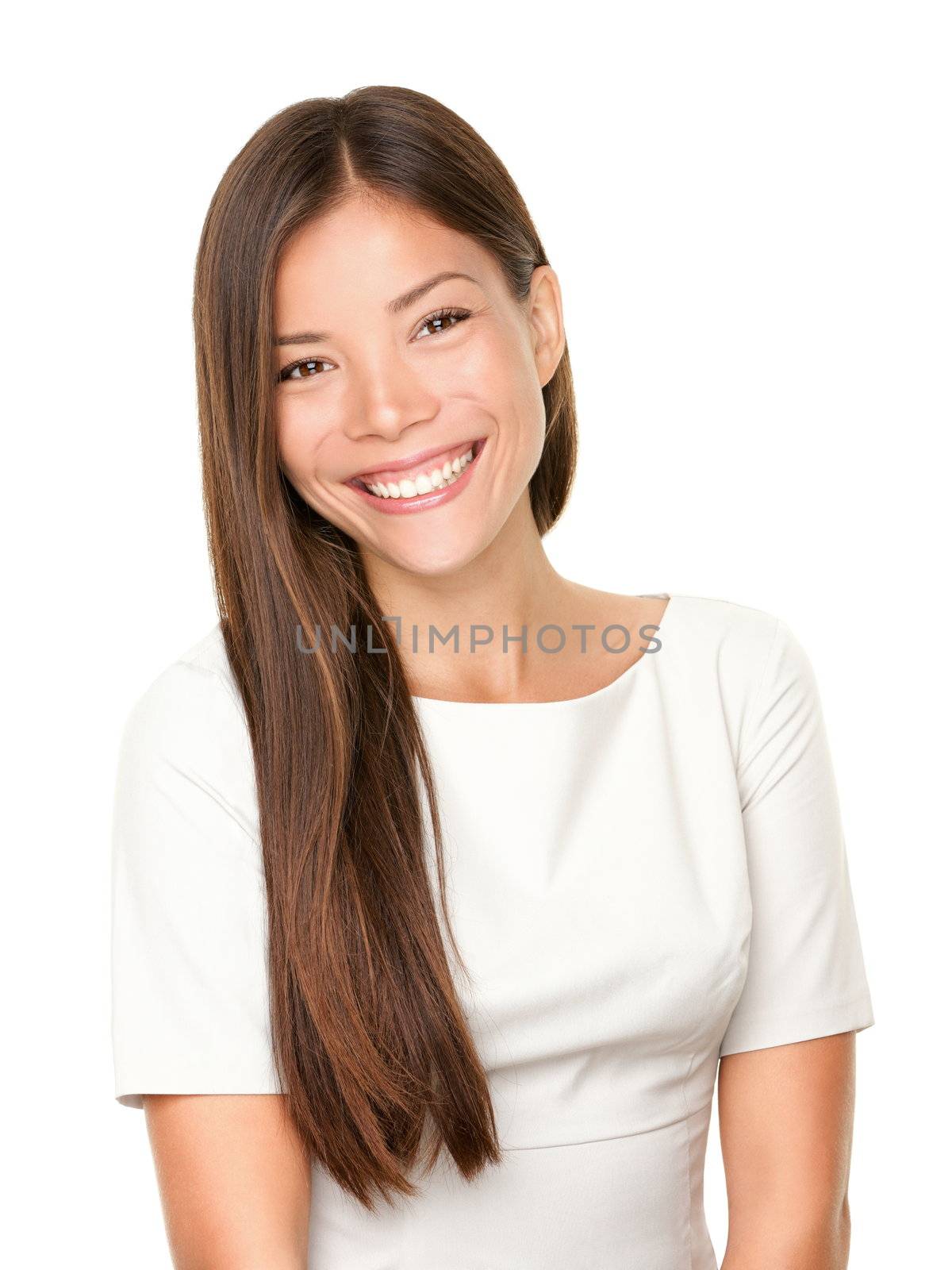Woman smiling happy portrait. Beautiful mixed race chinese Asian / white Caucasian female model with candid smile isolated on white background.