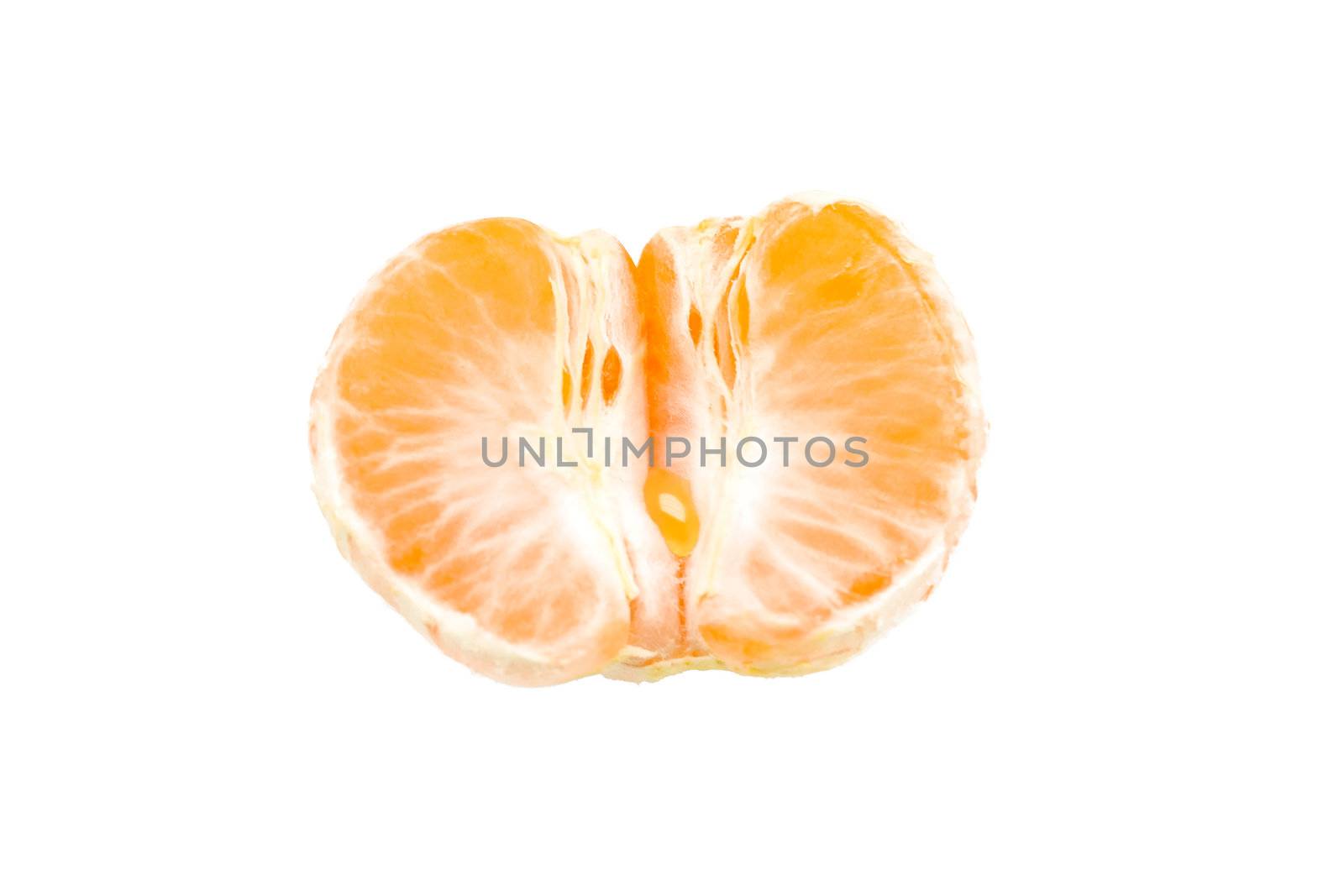 Half peeled tangerine on a white background