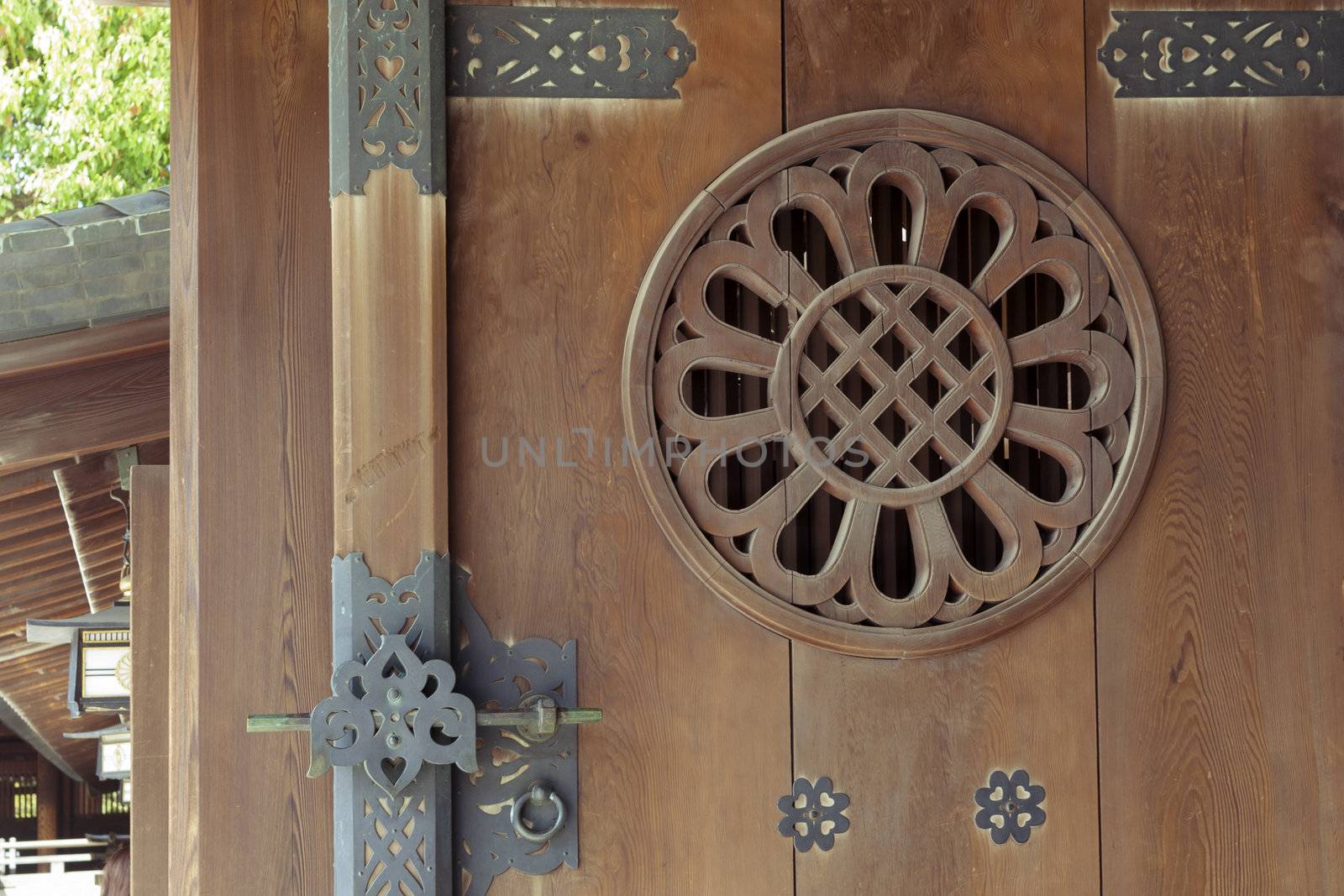 detailed pattern of open wooden door of Japanese temple in Tokyo