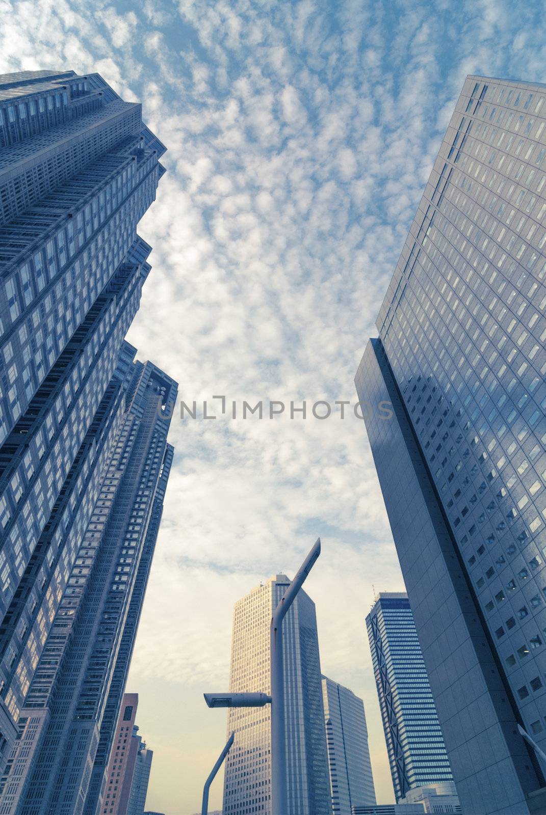 modern city view with many skyscrapers and scenic cloudy sky over them