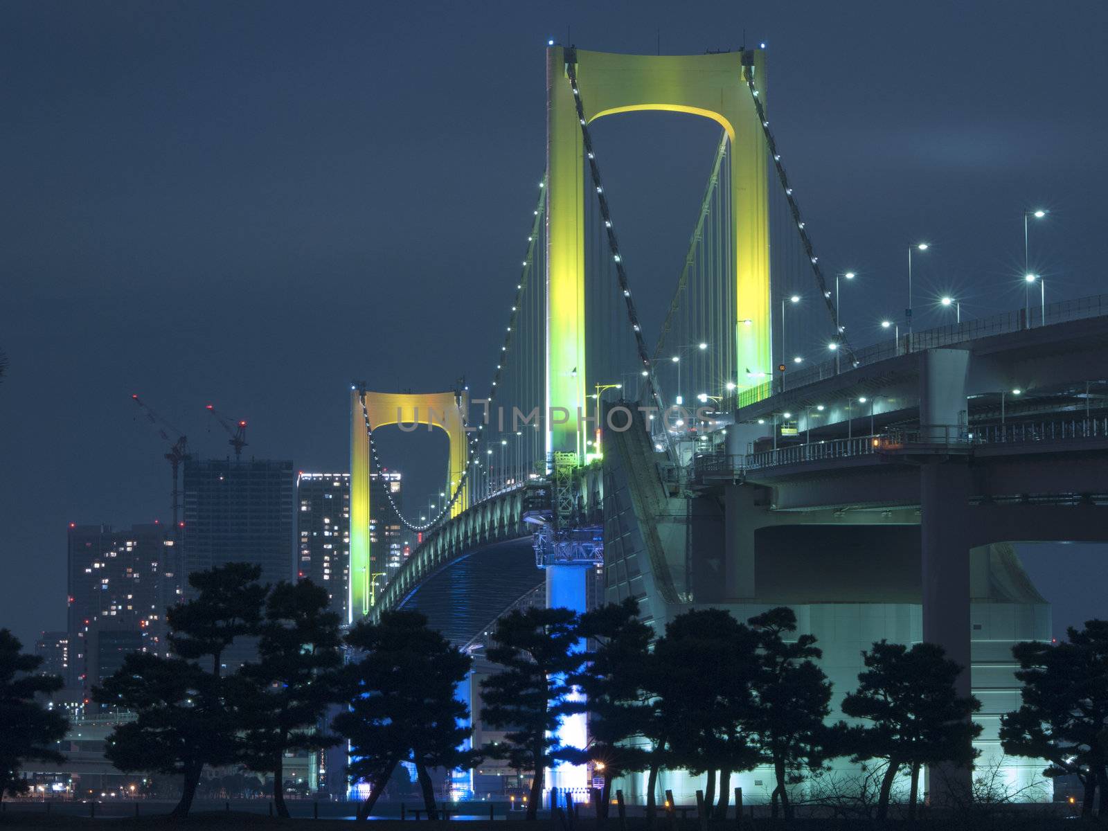 Tokyo Rainbow suspension bridge supports by night with scenic colourful illumination