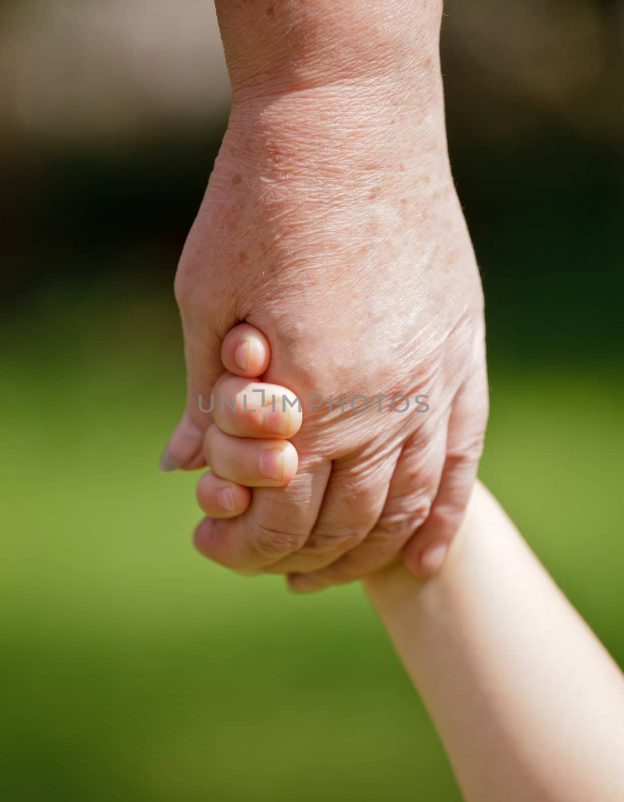 Grandmother holding granddaughter's hand closeup