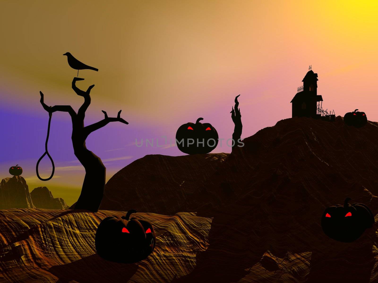 Halloween pumpkins and houses, trees, crosses, crow and dead man by sunset