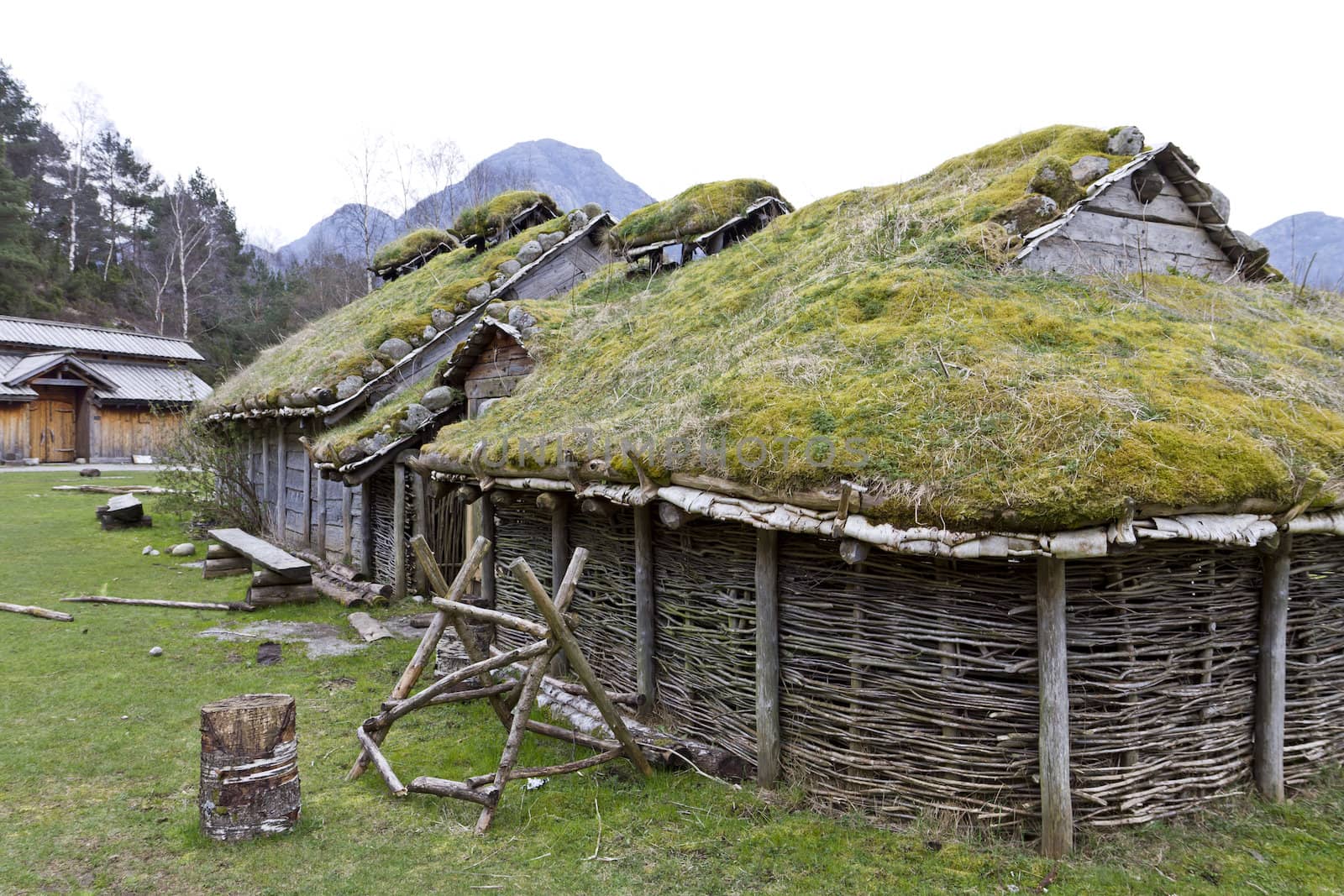 rebuild historic house in norway with grass on roof, Stone Age