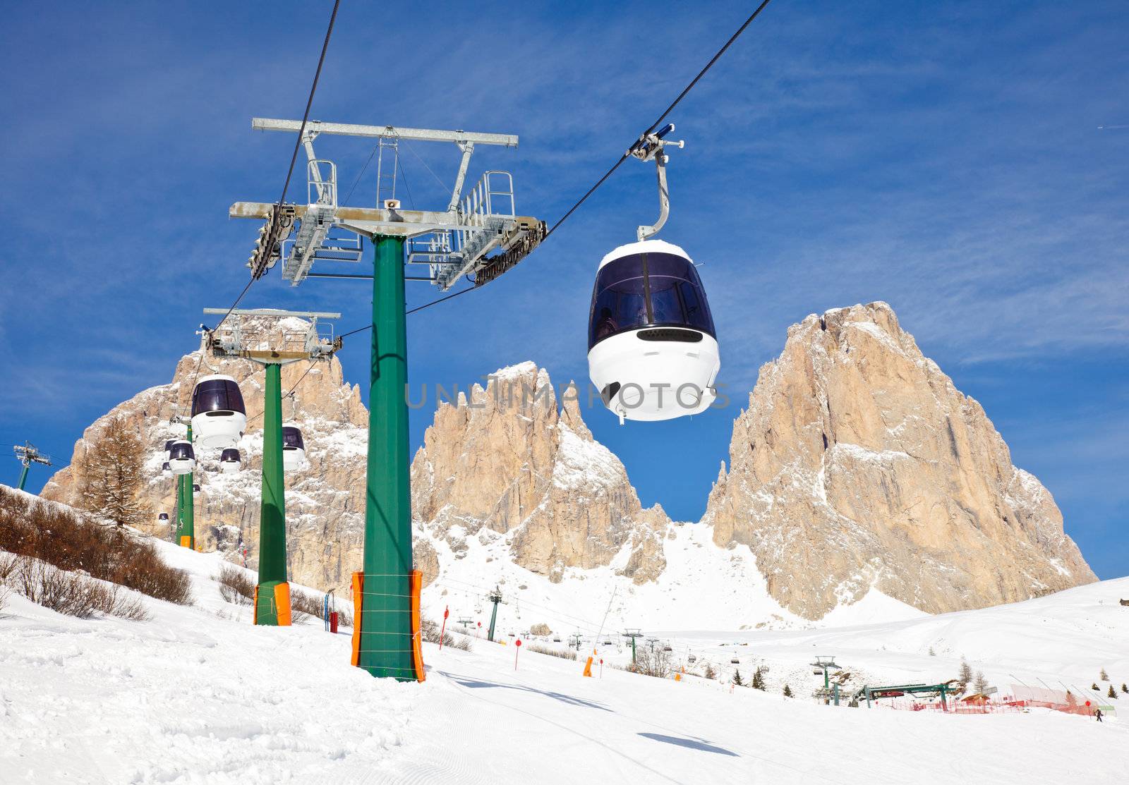 Monocable gondola lift at Val Di Fassa ski resort in Italy