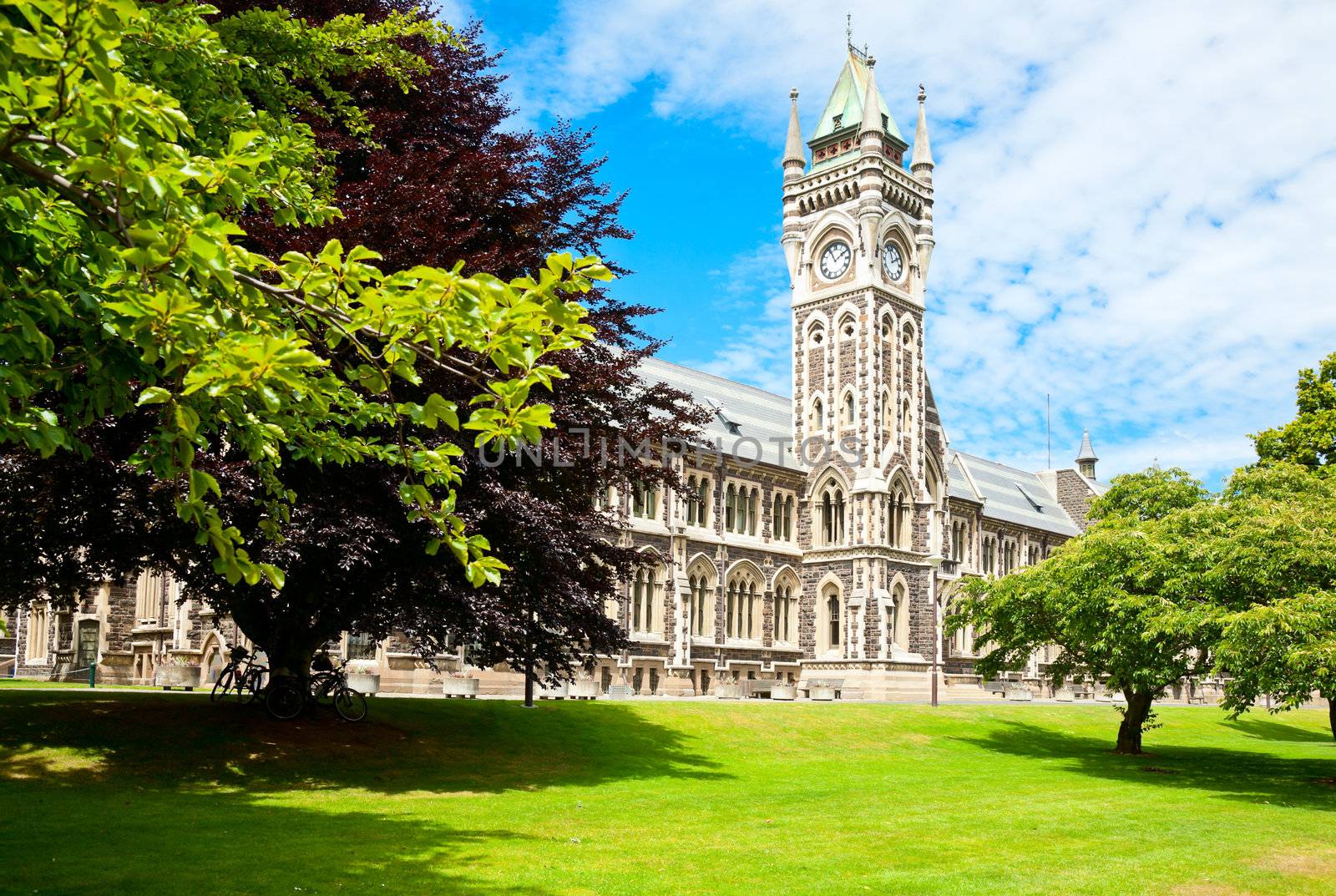 Clocktower of University of Otago Registry Building in Dunedin, New Zealand