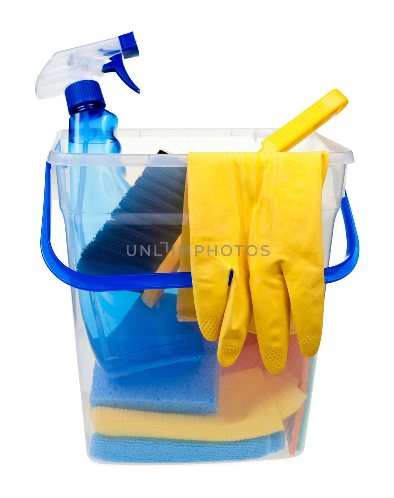 Transparent plastic bucket with cleaning supplies on white background