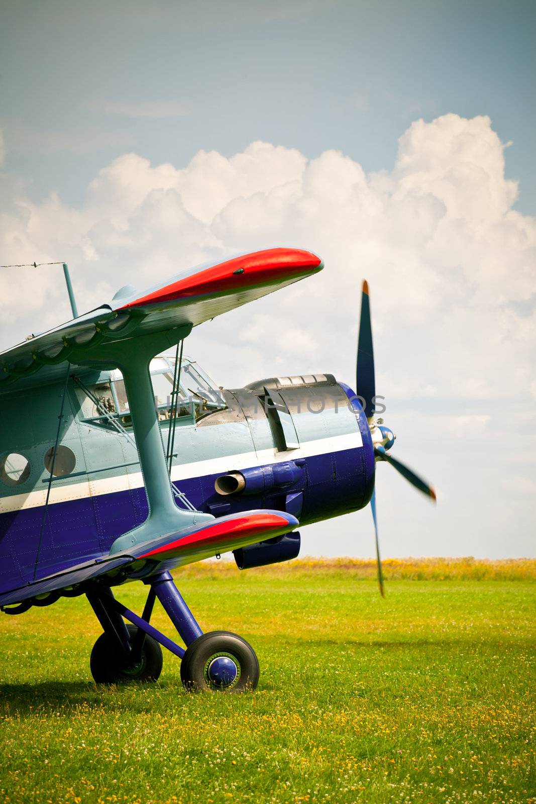 Vintage single-engine biplane aircraft ready to take off