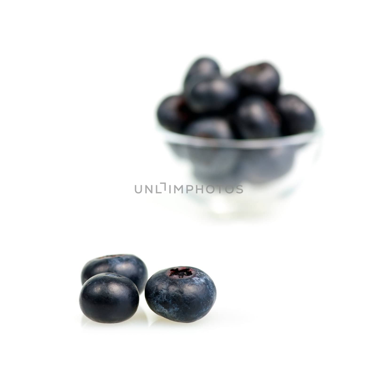 Blueberries on white background, shallow DOF