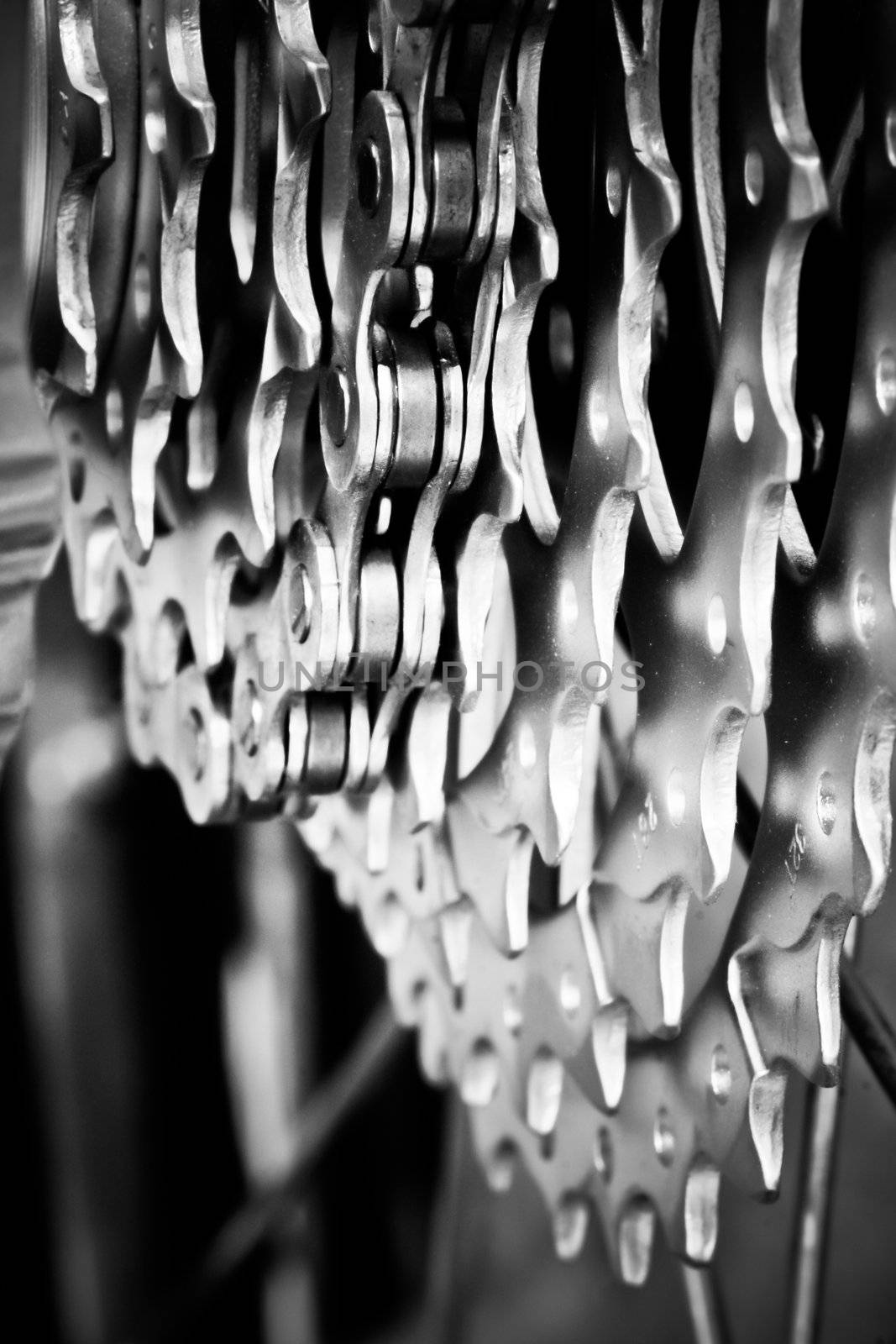 Rear mountain bike cassette with chain close-up, selective focus