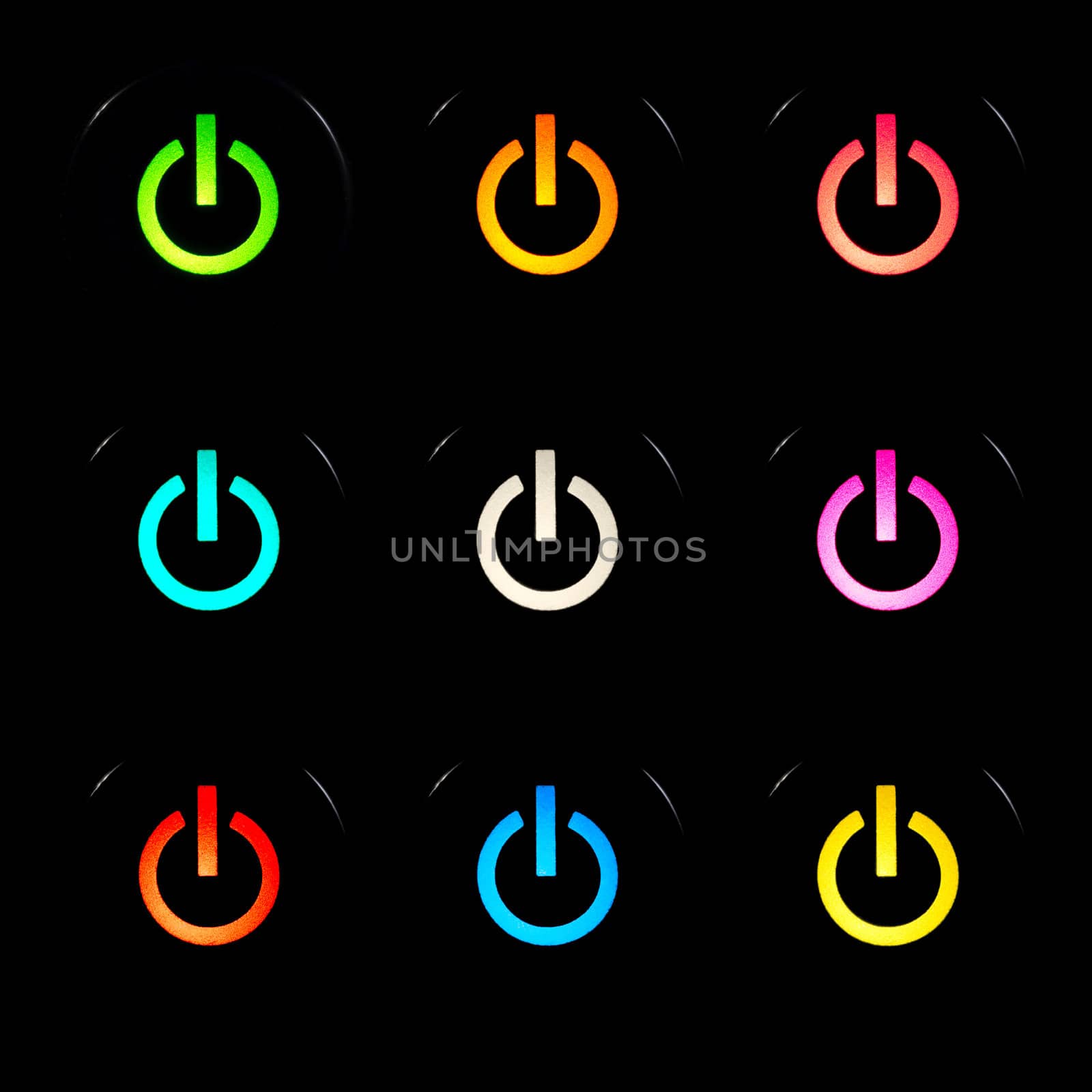 Glowing power buttons on black background