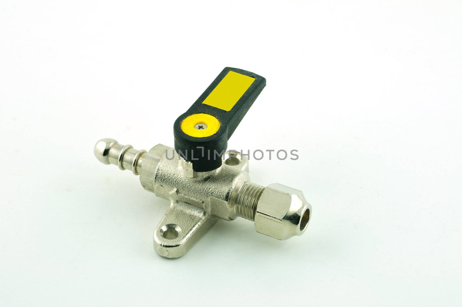 Tap for domestic gas with plastic handle photographed against a white background