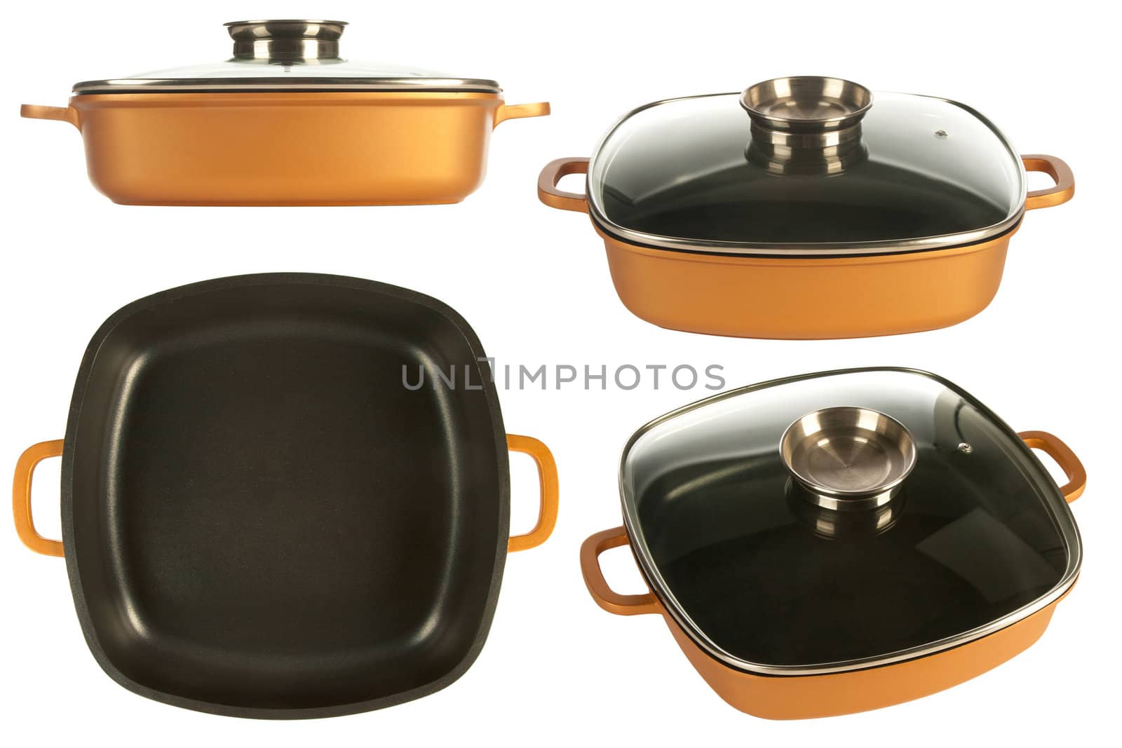 cookware, cast iron cooking pot, nonstick pan and glass lid  isolated on white 