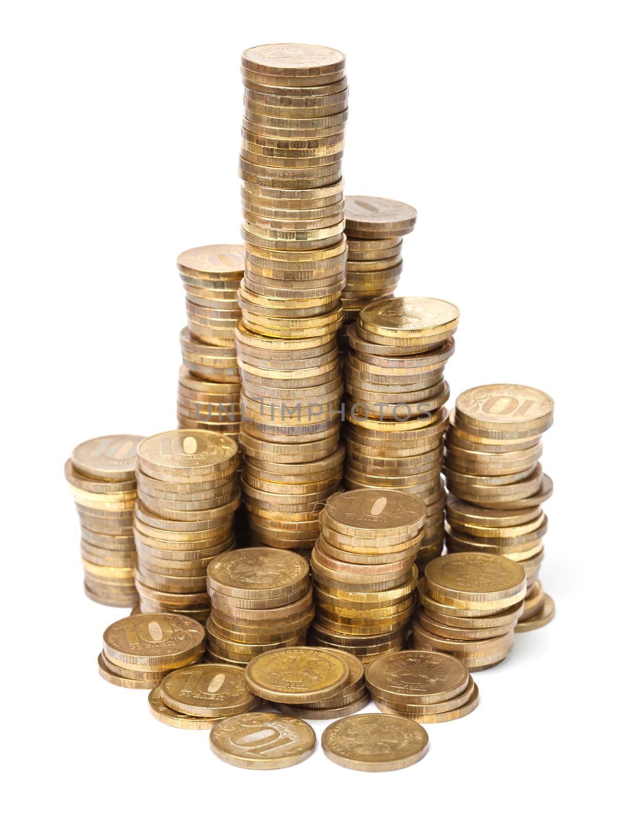 Stacks of golden coins on white background