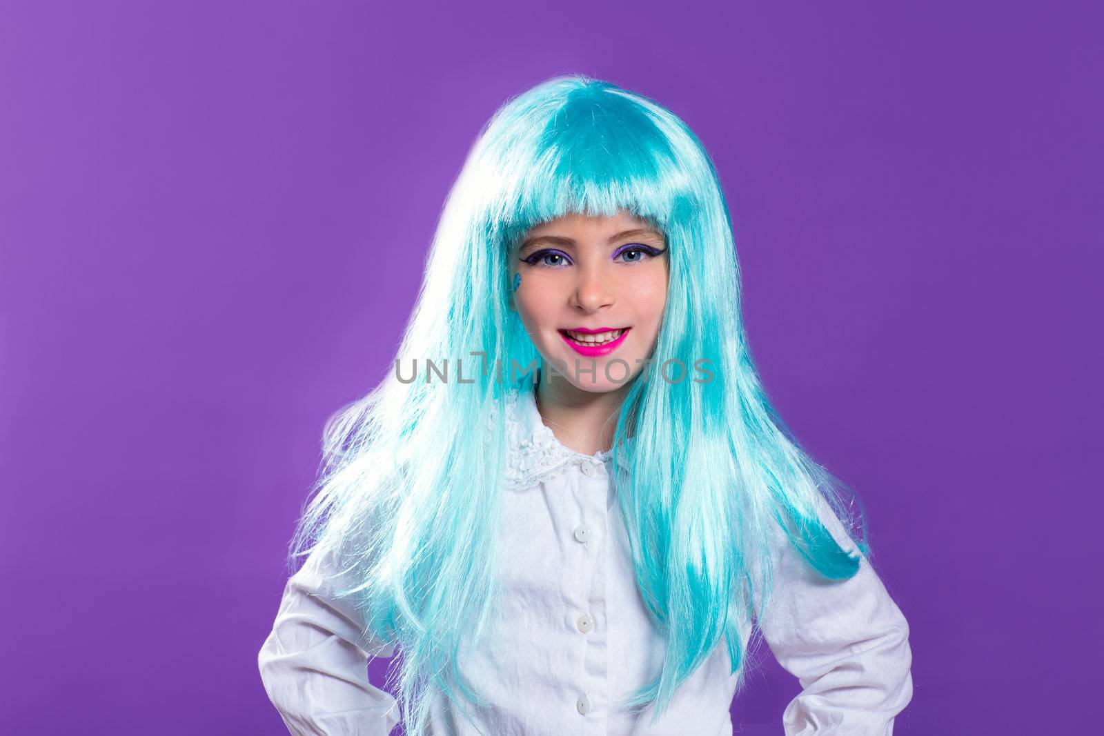 Children girl with blue turquoise long wig as fashiondoll on purple