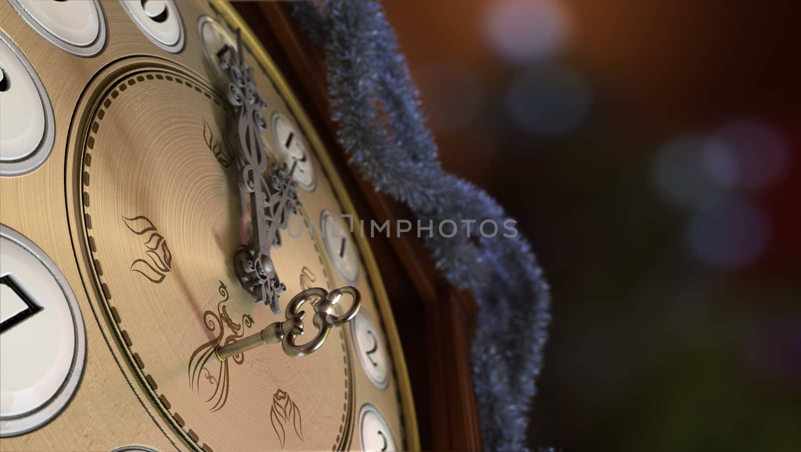 Happy New Year and Merry Christmas background with old clock and key