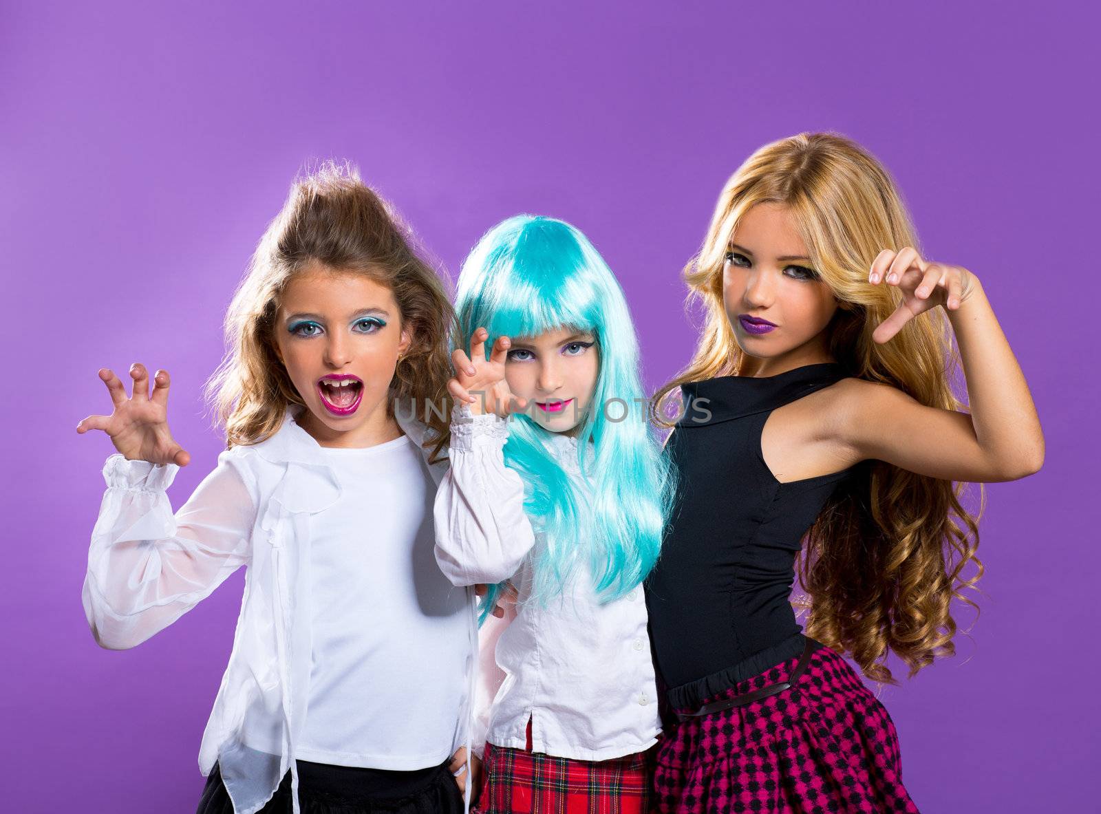 children group of fashiondoll friends scaring gesture girls on purple
