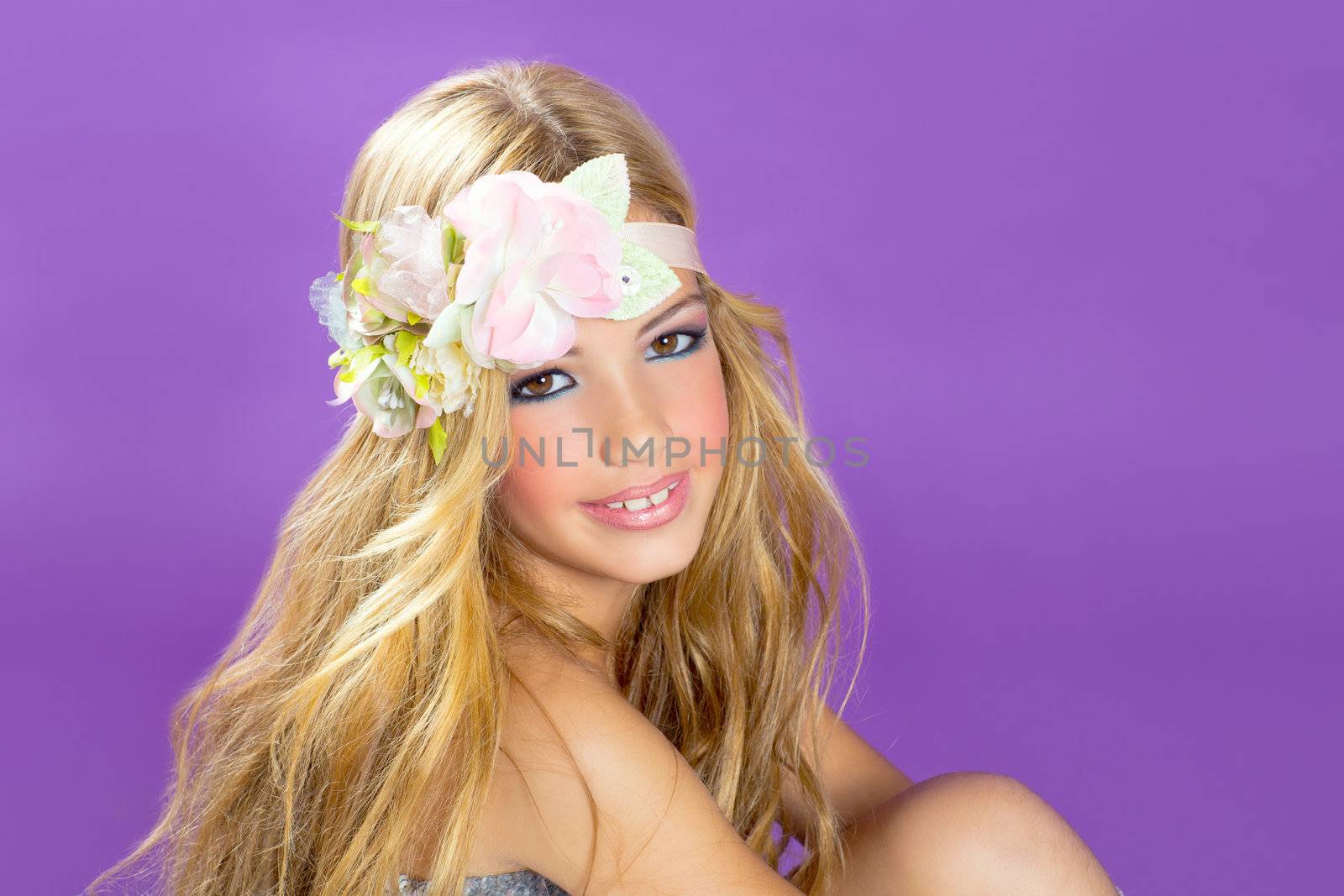 blond princess fashion girl fashiondoll with spring flowers on purple