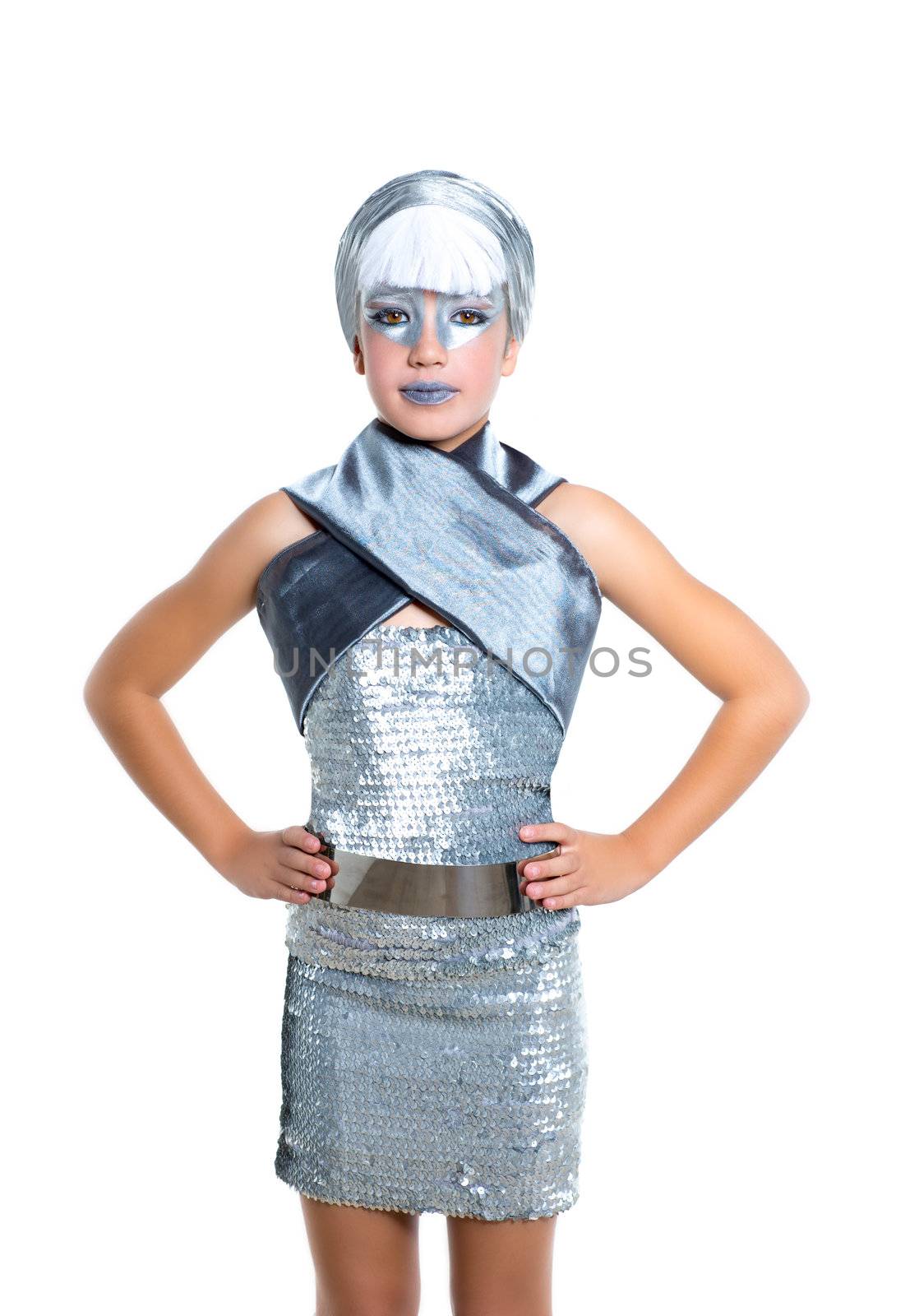 children futuristic fashion children girl silver makeup on white