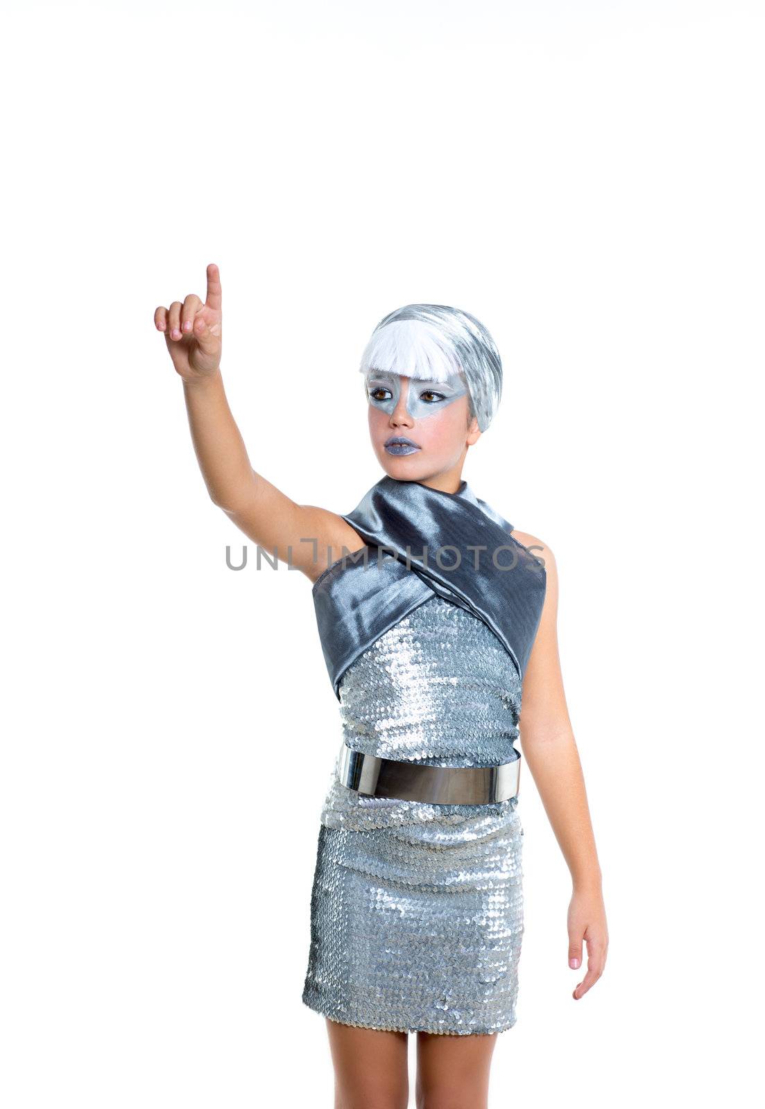 children futuristic fashion children girl pointing finger silver makeup on white